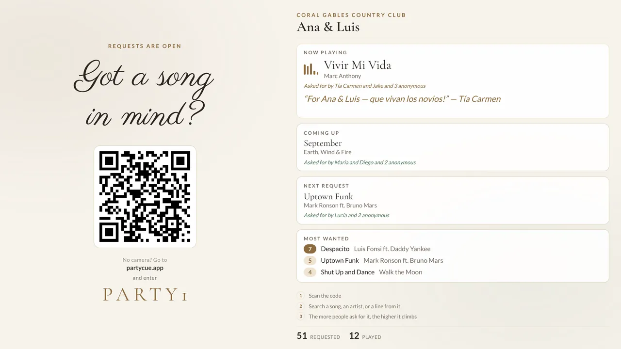 La pantalla de la cabina con el estilo Boda: un código QR para pedir canciones, lo que suena, lo que sigue y las canciones más pedidas